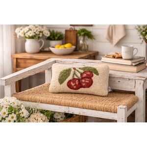 Chandler 4 Corners Cherries Hooked Wool Lumbar Pillow Fruit Cottage Decor 11”X7”